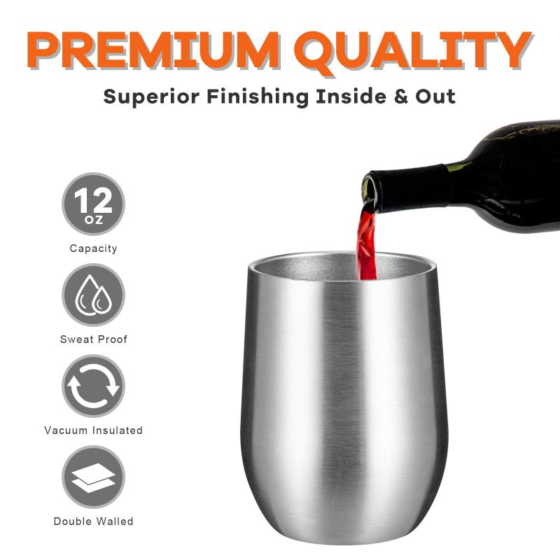 COMOOO 12oz Insulated Wine tumbler with Lid, Stainless Steel Stemless Wine Tumbler Glass,Double Wall Vacuum Wine Tumbler Cups with Straw for Coffee, Cocktails,Beer,Champaign Silver, 4 Pack - Image 4